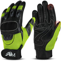 ADM Gants Moto Scooter En Cuir Homologués CE + Logo Motard Équipement Souple & Respirant - Vert Fluo. & Noir