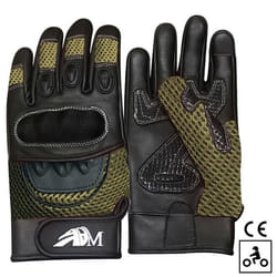 Gants Femme Moto Scooter iTouch Homologués CE En Cuir + Logo Motard Gants Souples Tactiles & Respirants - Noir & Vert Kaki