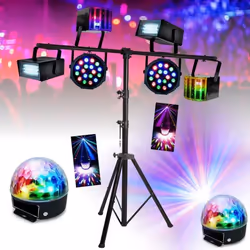 Ensemble de 8 jeux de lumière compacts et puissants + 1 portique acier robuste - idéal soirée dansante anniversaire club bar  ...