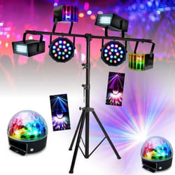 Ensemble de 8 jeux de lumière compacts et puissants + 1 portique acier robuste - idéal soirée dansante anniversaire club bar disco
