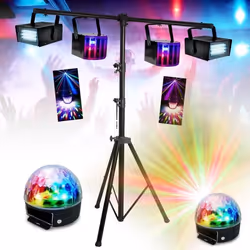 Pack 6 Jeux Lumière avec Support Pied 280m - 2 Effets Derby - 2 Strobos - 2 Astro - DJ - Mariage - Fête - Anniversaire - Soir ...