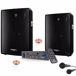 Pack Sono KARAOKE 600w avec 2 Enceintes Sono 300W - 1 Ampli Hifi 100w BLUETOOTH et USB - 2 Micros filaires