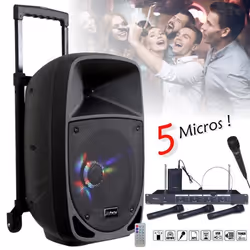 Pack Karaoke Enceinte Party-8LED 300W Lumineuse Mobile autonome Bluetooth USB Tuner- Chariot - 5 Micros dont 4 Micros sans fi ...