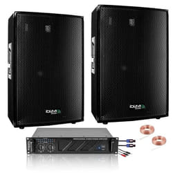 Pack Sono Ibiza Sound 2800W Total 2 Enceintes 3 voies 2x600w - Ampli Ventilé 2x800w - Câblage - Idéal salle des fêtes Club Mariage