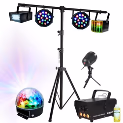 Pack Lumière Support 280m - 6 Jeux de Lumière Projecteur PAR - DERBY - Stroboscope - Boule Astro - Machine à Fumée LED - Liqu ...