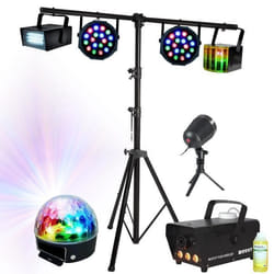 Pack Lumière Support 280m - 6 Jeux de Lumière Projecteur PAR - DERBY - Stroboscope - Boule Astro - Machine à Fumée LED - Liquide