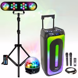 Pack Enceinte 1000W USB Bluetooth Karaoke MAGIC-SOUND1000 - 2 Micros sans fil - Pack Lumière 4 effets Pied Support - 1 Boule ...
