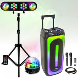 Pack Enceinte 1000W USB Bluetooth Karaoke MAGIC-SOUND1000 - 2 Micros sans fil - Pack Lumière 4 effets Pied Support - 1 Boule Astro