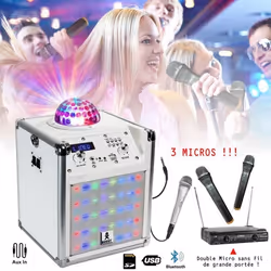 Enceinte Karaoké Autonome portable USB / Bluetooth Boost KUBELED-WH Lumière Astro intégrée - 3 Micros - Télécommande - Cadeau