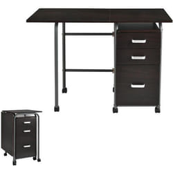 COSTWAY Bureau Imformatique Pliable avec 3 Tiroirs Coulissants et Roues Verrouillables en Marron Naturel pour Travail Bureau
