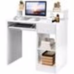 COSTWAY Bureau dOrdinateur avec Tiroir et 2 Etagères de Rangement Bureau Informatique avec Plateau à Clavier Blanc