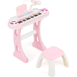 Clavier Piano Pour Enfants 37 Touches avec Tabouret COSTWAY-4 Effets de Percussion-8 Instruments-Microphone Réglable-Lumière-Rose