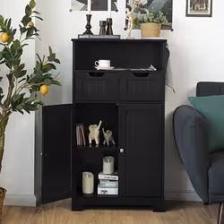 COSTWAY Meuble de Salle de Bain avec 2 Tiroirs et 2 Portes Étagère Réglable pour Salon Cuisine entrée 60 x 30 x 109 cm Noir