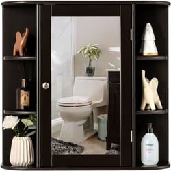Costway - Armoire Murale de Salle de Bains avec Miroir avec Etagères Réglables et Compartiments Ouverts Armoire à Pharmacie pour Toilette, Marron