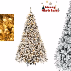 Sapin de Noël Artificiel LED 225CM COSTWAY-450 Lumières Blanc Chaud-1010 Branches PVC Floqué Neige-Socle en Métal-Décoration de