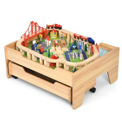 COSTWAY Circuit Voiture Enfant - 100 Accessoires avec Table Tiroir à Roulettes Verrouillables et Train en Bois pour 3 Ans +