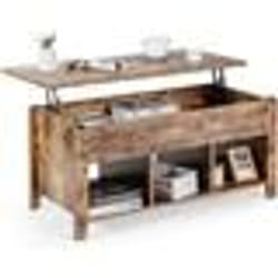 COSTWAY Table Basse avec Plateau Relevable avec 3 Compartiments Ouverts et Dispositif de Levage Pneumatique Style Industriel Brun