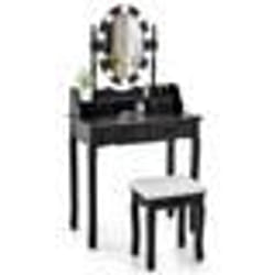 COSTWAY Coiffeuse Table de Maquillage avec Tabouret - Miroir Ovale Rotatif à 360° Ampoule Réglable en 3 Couleurs 4 Tiroirs - Noir