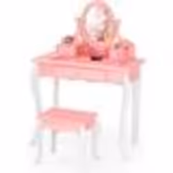 COSTWAY Coiffeuse avec Tabouret pour Enfants de Style Princesse avec Miroir Pivotant à 360° Amovible et 3 Tiroirs Rose et Bla ...