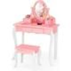 COSTWAY Coiffeuse avec Tabouret pour Enfants de Style Princesse avec Miroir Pivotant à 360° Amovible et 3 Tiroirs Rose et Blanc