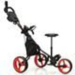 COSTWAY Chariot de Golf Pliable 3 Roues-4 Hauteurs Réglables-Siège Hydraulique-Porte-Parapluie Réglable-Porte-Boisson-Sac-Rouge