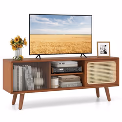 COSTWAY Meuble TV en Bambou pour TV 55 avec 4 Compartiments 4 Pieds en Bois 2 Portes Coulissantes en Rotin Verre Trempé Marro ...
