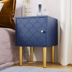 YOLEO Table de chevet - décor bois et bleu marine certifiée FSC- 35x35cm