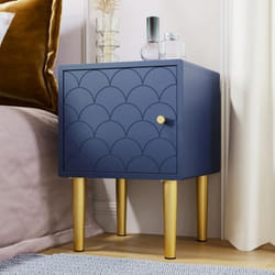 YOLEO Table de chevet - décor bois et bleu marine certifiée FSC- 35x35cm