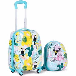 COSTWAY Valise Enfant à Roulettes Bagage pour Enfant 16’’ + Sac à Dos 12’’ en Motif Flamant pour Enfant