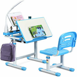 Costway - Set Bureau et Chaise pour Enfants avec Lampe LED,Bureau Inclinable 0°-40°,Hauteur Réglable,Charge Maximale 80KG Bleu