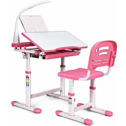 COSTWAY Set Bureau et Chaise pour Enfants avec Lampe LED,Bureau Inclinable 0°-40°,Hauteur Réglable,Charge Maximale 80KG Rose