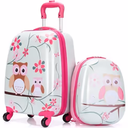 Valise Trolley pour Enfants - COSTWAY - Motif Hibou Mignon - Rose - ABS - 4 roulettes