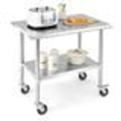 COSTWAY Table Plan de Travail Cuisine en Acier Inoxydable à 2 Niveaux avec 4 Roues en PU Plateau Inférieure Réglable Charge 250 kg