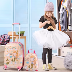 Valise Enfant 18 et Sac à Dos 12 - COSTWAY - Dessin Sirène - 4 Roulettes - Poignée Réglable
