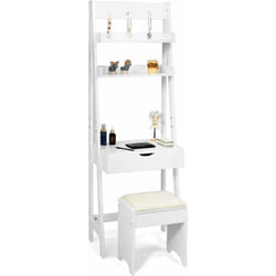 Costway - Coiffeuse avec Miroir Table de Maquillage Moderne avec Miroir, Tabouret, 2 Etagères, 3 crochets Table de Cosmétique en mdf pour Chambre,