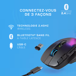 Turtle Beach Kone XP Air - Souris gaming RGB ergonomique, personnalisable et sans fil, Bluetooth, capteur optique 19 000 DPI, autonomie de batterie de 100 heures, station de charge, 29 entrées programmables, éclairage AIMO RGB, molette 4D Noir - Vue supplémentaire 10