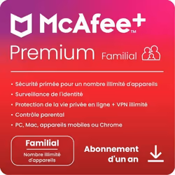 Abonnement de 1 an à McAfee+ Premium Familial pour PC Mac Android et iOS - Nombre illimité dappareils