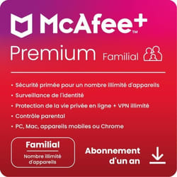 Abonnement de 1 an à McAfee+ Premium Familial pour PC Mac Android et iOS - Nombre illimité dappareils