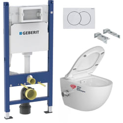 Pack wc Bati-support Geberit wc sans bride sat avec bidet thermostatique + Abattant softclose + Plaque Blanche (SATCleanGeb3)