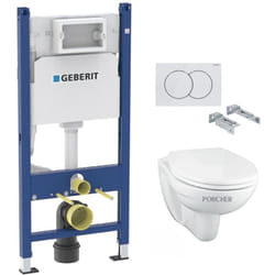 Pack wc Bati-support Geberit Duofix + Cuvette suspendue Porcher sans bride + Abattant Ideal Standard astor + Plaque blanche (Por