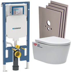Pack WC Bati Geberit extra-plat + WC Swiss Aqua Technologies sans bride + Abattant + Plaque + habillage (SLIM-SATrimless-C-sabo)