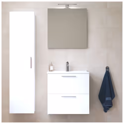 Contenu du set Mia meuble 59x61x39,5cm avec miroir, lavabo, éclairage LED + armoire 145x35x35cm pour salle de bain, Blanc bri ...