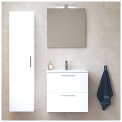 Vitra - Set Mia ensemble meuble 59x61x39,5cm avec miroir, lavabo, éclairage led + armoire 145x35x35cm, Blanc brillant