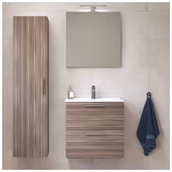 Contenu du set Mia meuble 59x61x39,5cm avec miroir, lavabo, éclairage LED + armoire 145x35x35cm pour salle de bain, Cordoba : ...