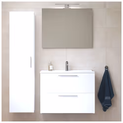 Contenu du Set Mia meuble 79x61x39,5 cm avec miroir, lavabo, éclairage LED + armoire 145x35x35cm pour salle de bain, Blanc br ...