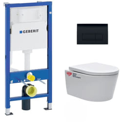 Pack wc Bati Geberit UP100 + wc sans bride Swiss Aqua Technologies + Abattant softclose + Plaque Noir brillant