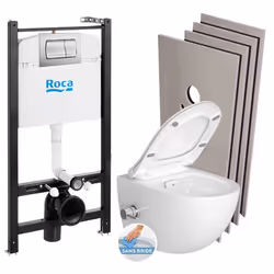 Roca Pack Bâti-support Roca Active + WC sans bride avec fonction bidet et fixations invisibles + plaque chrome mat + Set