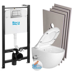 Roca Pack Bâti-support Roca Active + WC sans bride avec fonction bidet et fixations invisibles + plaque chrome mat + Set