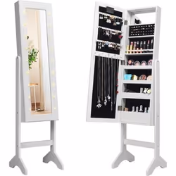 COSTWAY Armoire à Bijoux sur Pied avec 18 LED Angle RéglableDoublure en Velours Doux 35 × 315 x 145 CM Blanc