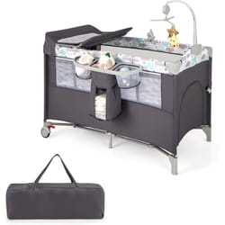 Costway - 5 en 1 Lit Parapluie Bébé avec Matelas et Table à Langer Amovible, Lit Bébé Évolutif avec Boîte à Musique et Jouets Suspendus, Hauteur
